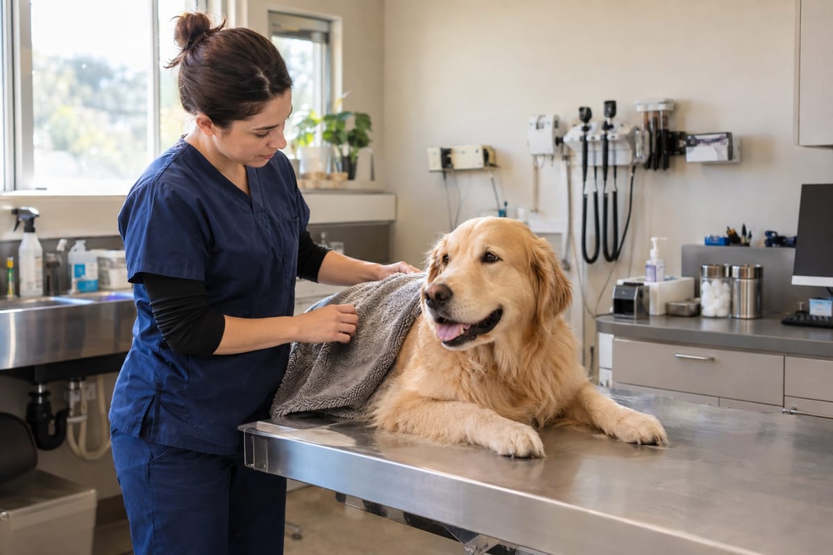 A vet tech in scrubs drying a golden retriever with a towel on the exam table