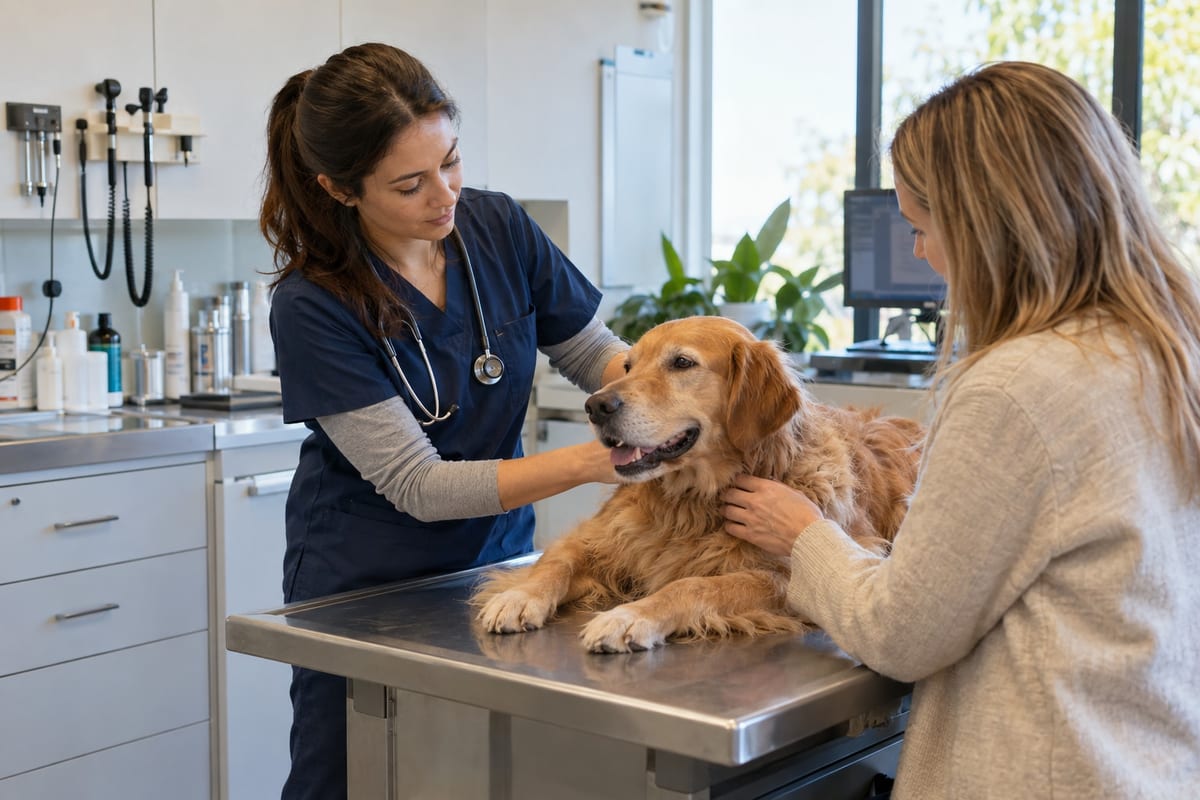 A vet and an owner with a golden retriever on the exam table