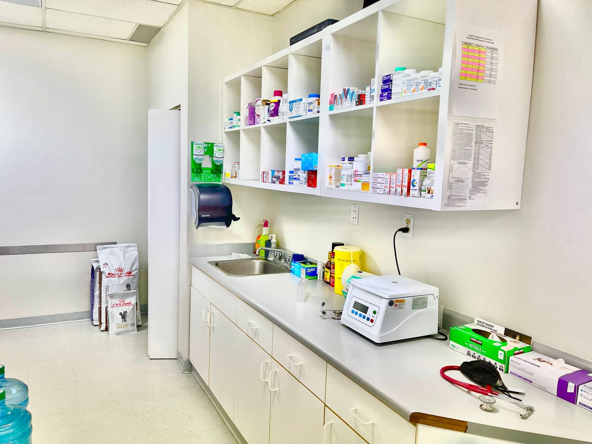 The hospital's treatment room with a centrifuge on the counter and stocked pharmacy shelves