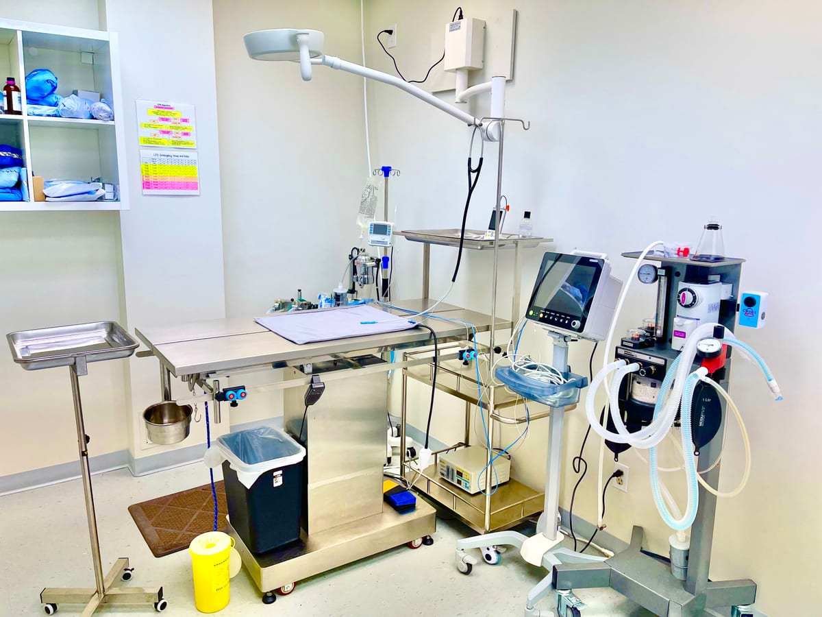 The hospital's surgery suite with the operating table, surgical light, patient monitor and anaesthesia machine